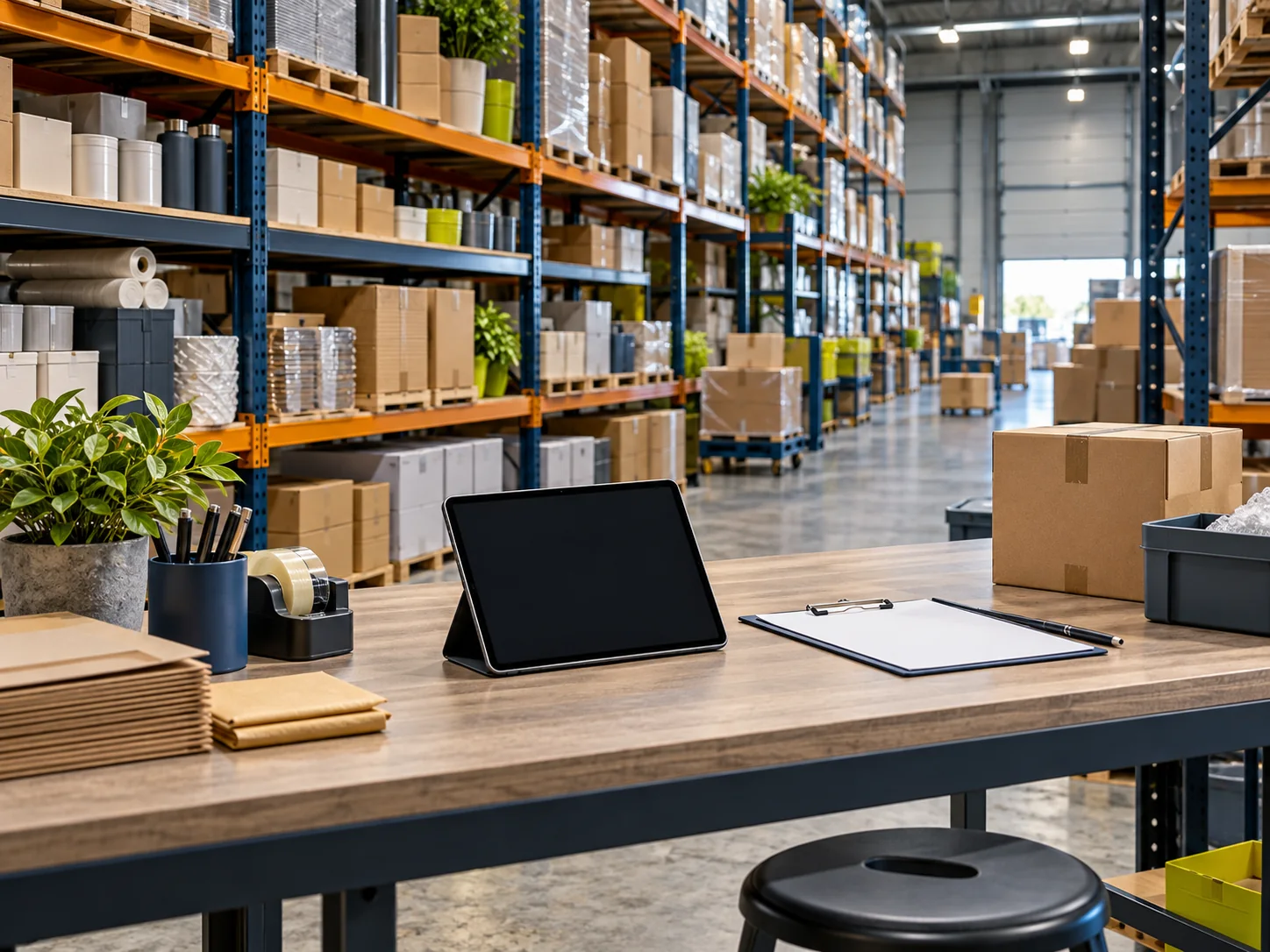 Illustrative wholesale supply setting with cartons and a packing desk